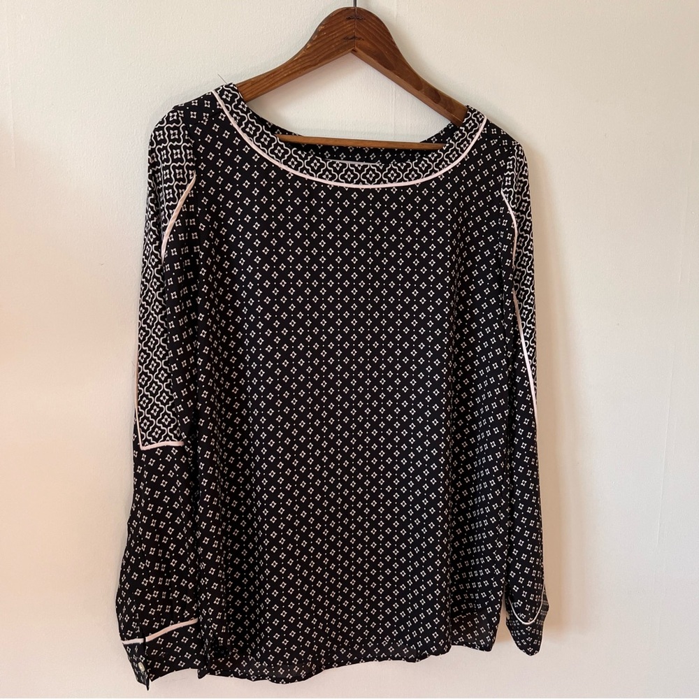 LOFT Black Cream Geo Print Long Sleeve Blouse XS - Picture 2 of 10
